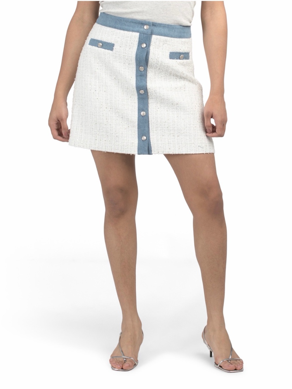 Nicole Miller White Tweed Mini Skirt with Light Blue Trim